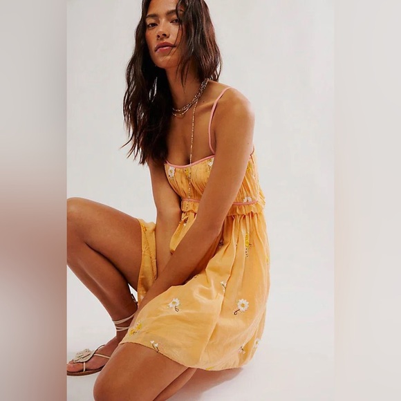 Free People Alana Babydoll Floral Apricot Peach Mini Strappy Sundress Dress - Picture 15 of 17